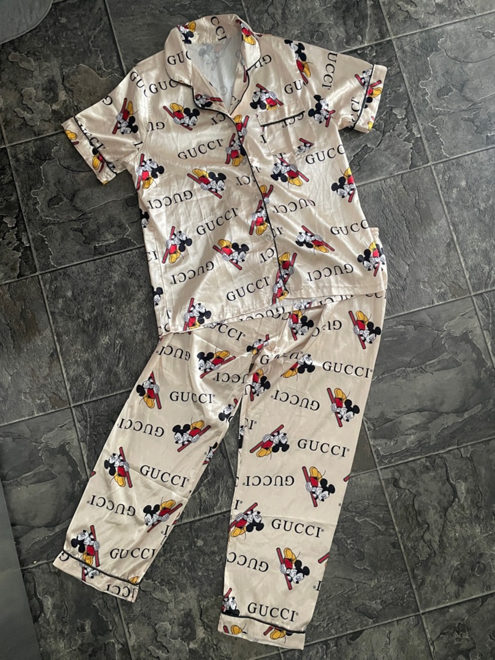 Women’s Satiny Mickey Mouse Pajama Set Champagne Base with Whimsical Fun Accents